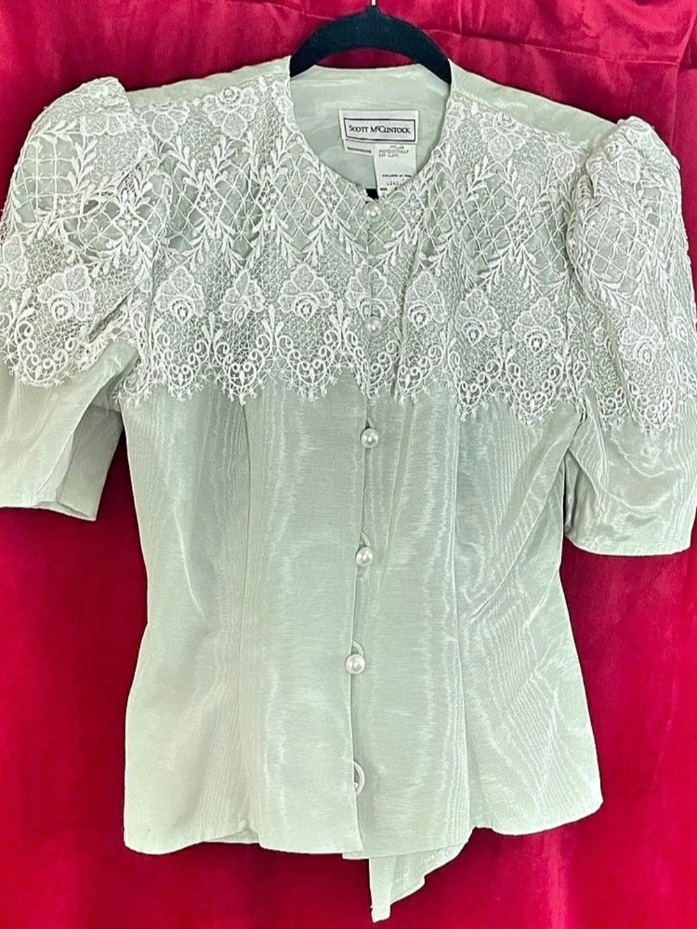 Scott McClintock Peplum Blouse Lace Ruched Puff Sleeves Pearl Buttons 4 / S